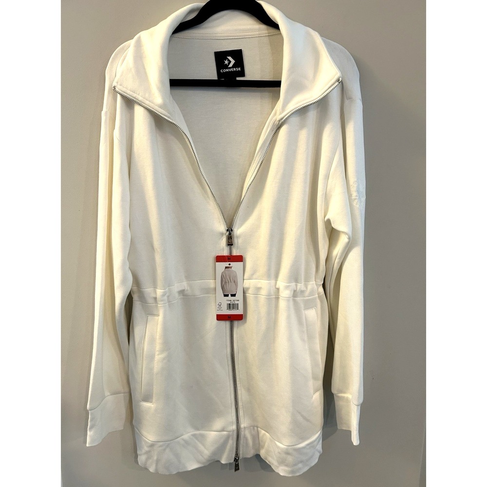 Converse Women's White Collared Sweatshirt Full-Zip Jacket with Pockets Size M